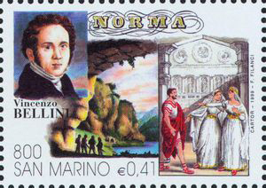 Zwei Szenen aus Norma, wie man sie auf einer Briefmarke sieht, die San Marino 1999 herausgegeben hat.