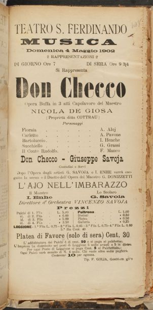 De Giosa: "Dob Checco"/ Aufführungszettel von 1902/ OBA